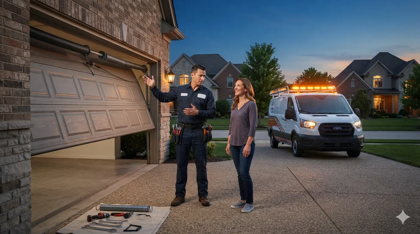 Emergency responder technician repairing an off-track garage door under headlights in DeKalb, IL
