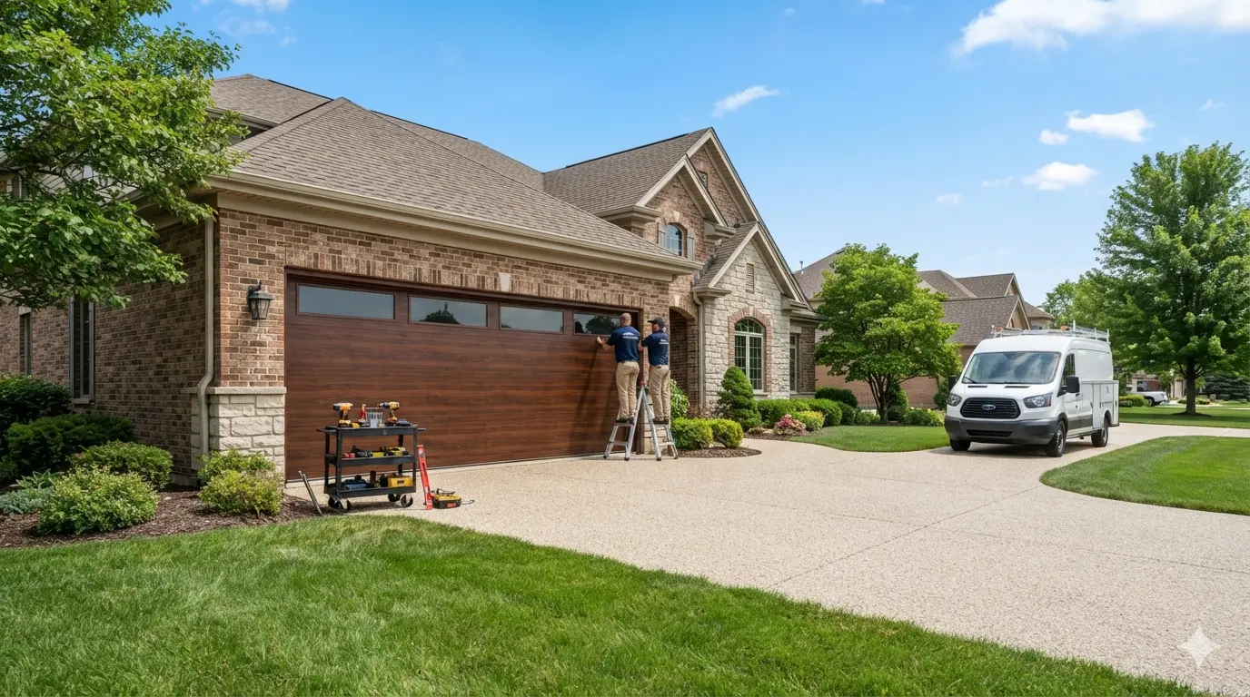 Stunning brand new modern insulated carriage-style garage doors installed on a beautiful brick home in DeKalb, IL