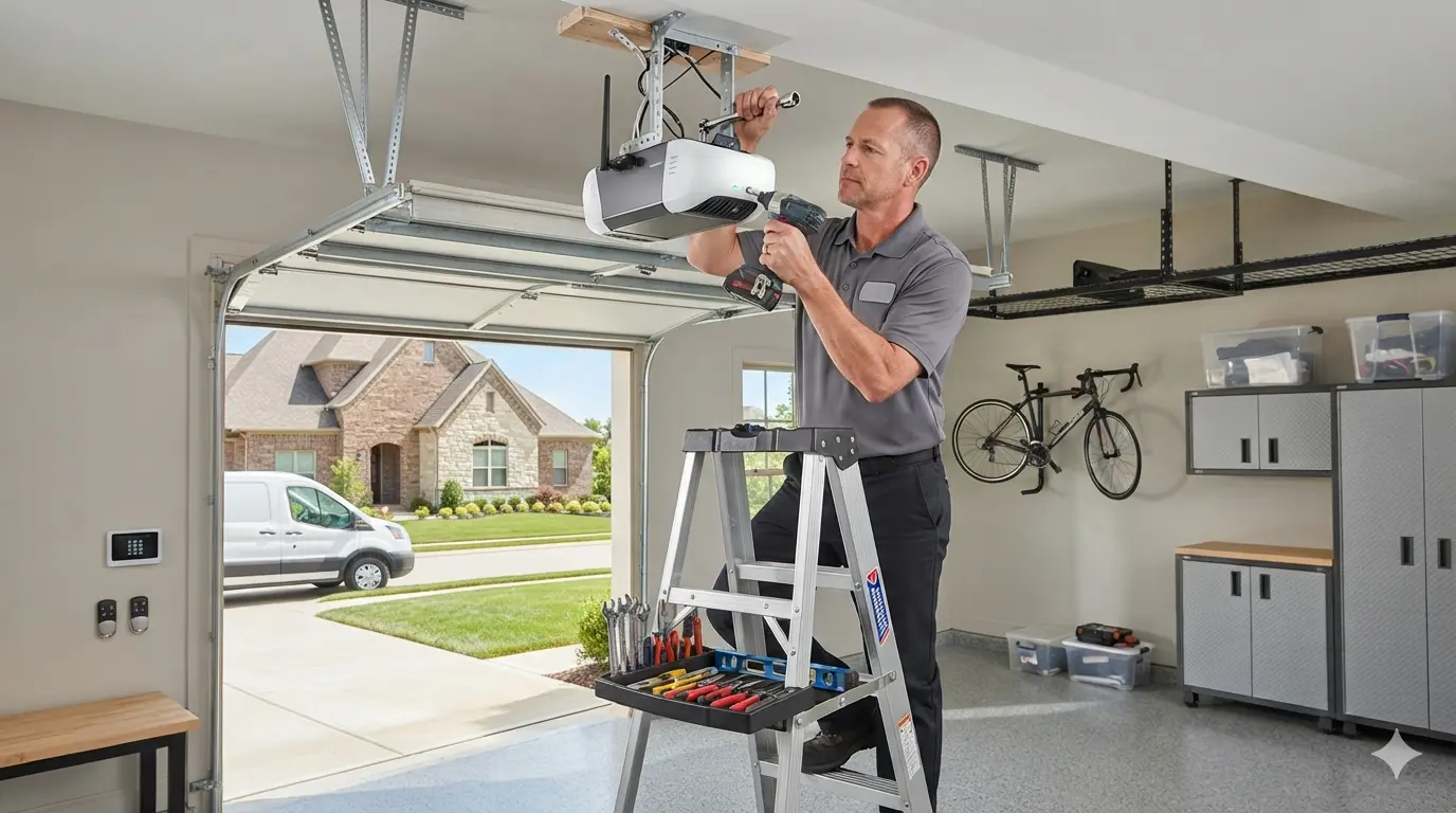 Brand new smart Wi-Fi enabled belt-drive garage door opener installed and glowing in DeKalb, IL