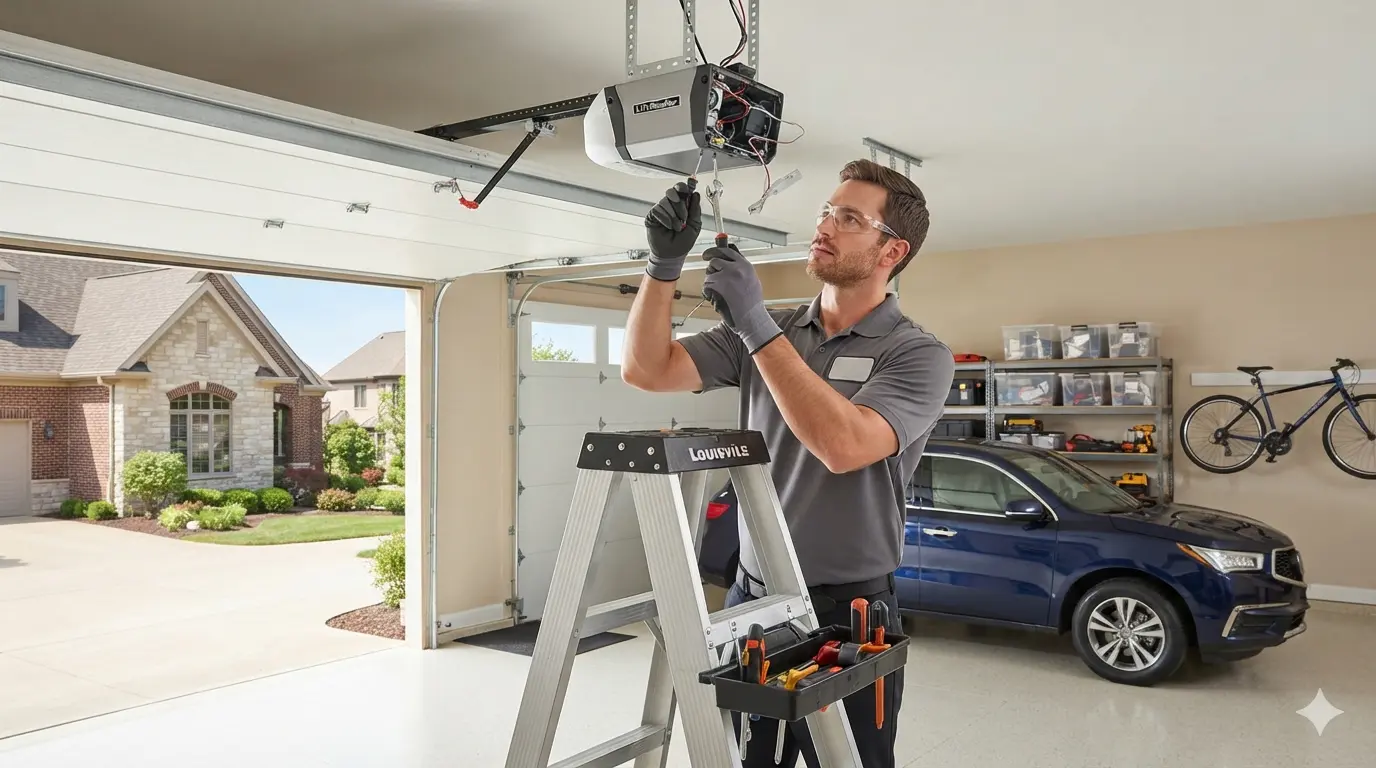 Garage door opener motor unit being serviced by a technician adjusting travel limit switches in DeKalb, IL